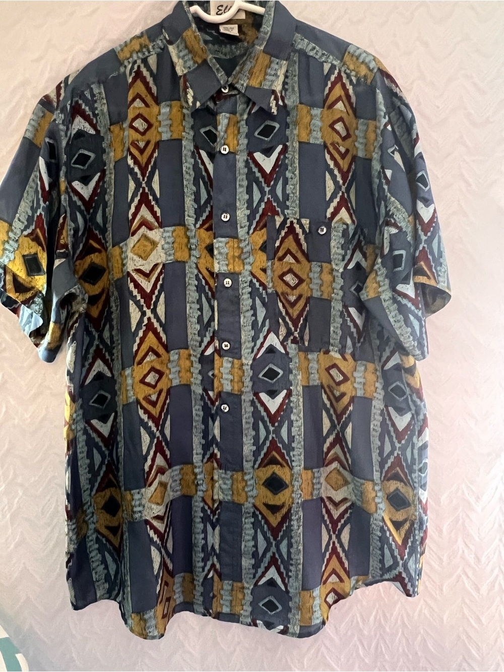 Vintage Elite Silk Aztec Geometric Print Button Up Shirt Medium